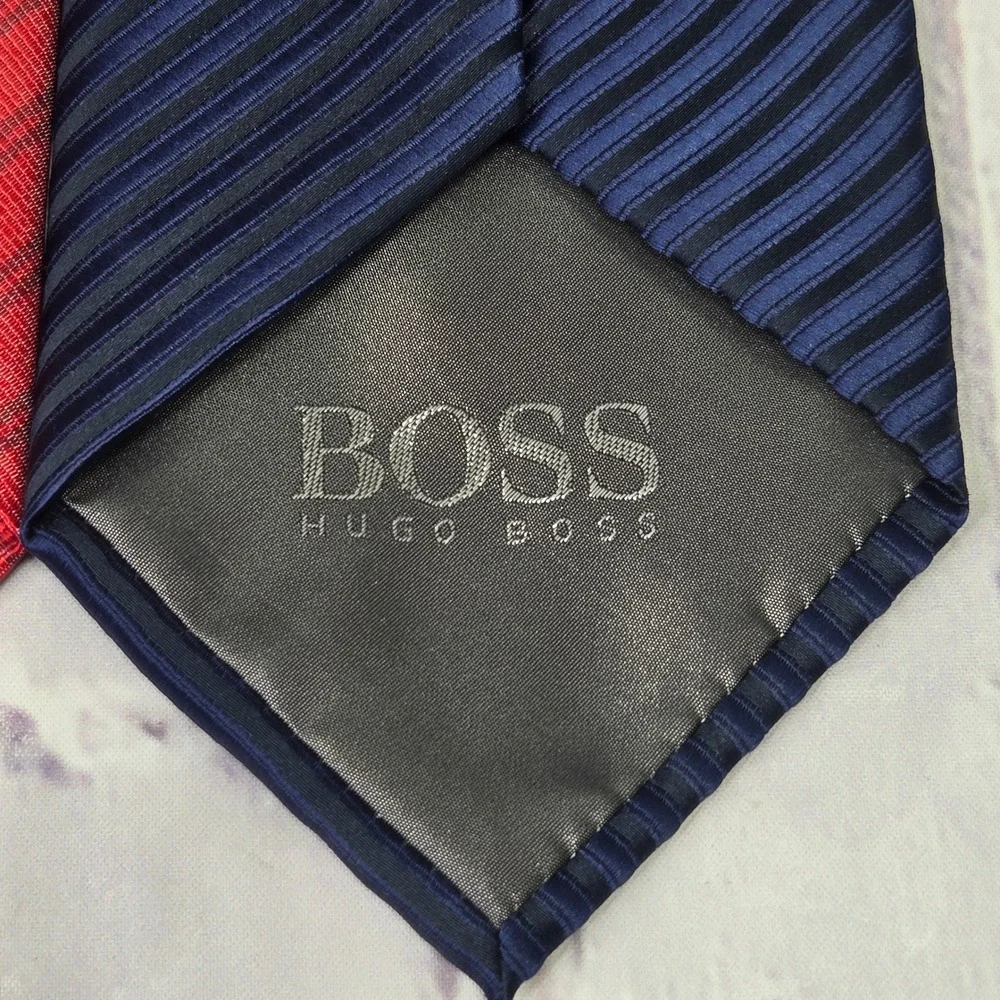 Lot of 2 Hugo Boss Neckties Red Navy Blue Striped Silk Business Formal Set Mens